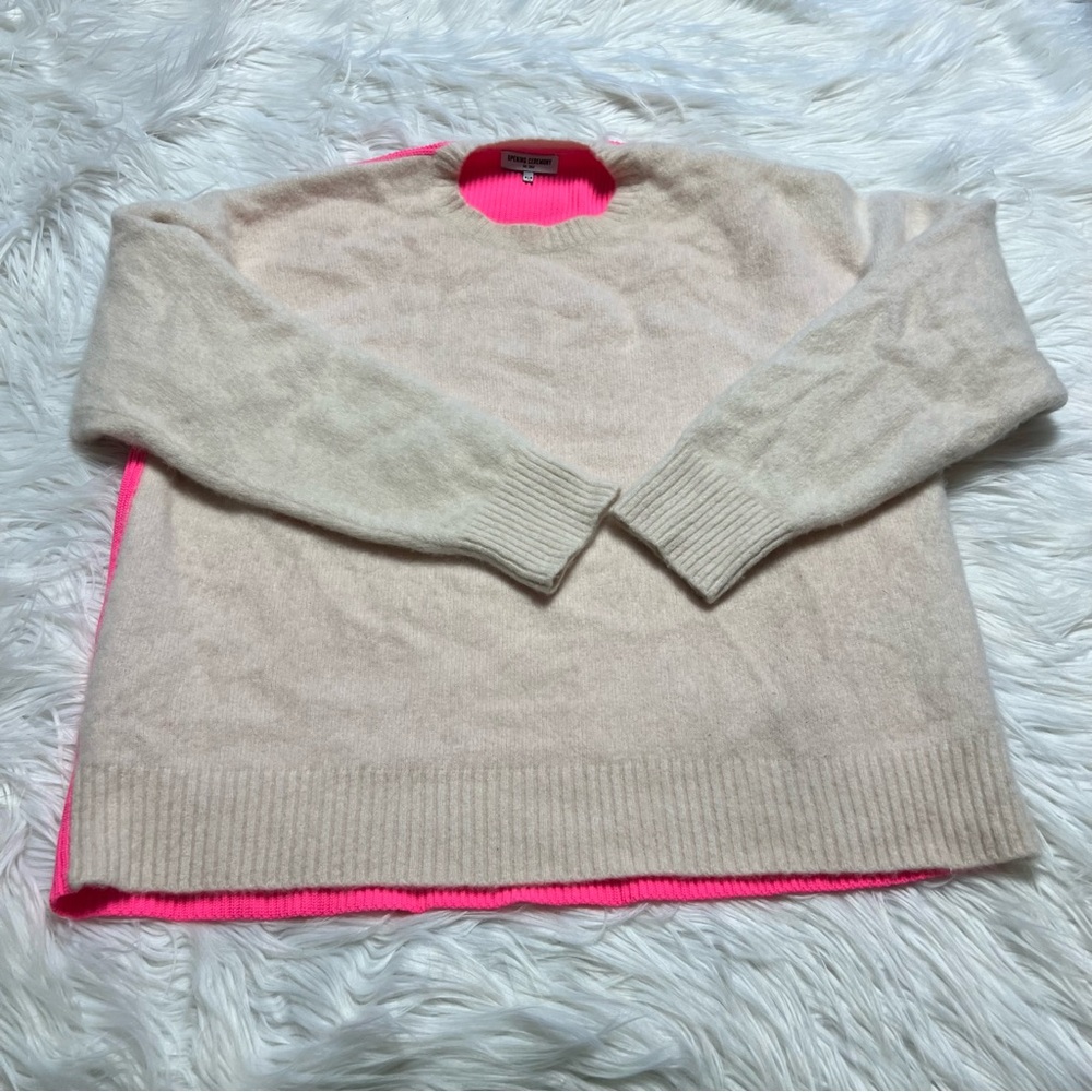 Opening Ceremony Cream Sweater with Neon Pink Trim